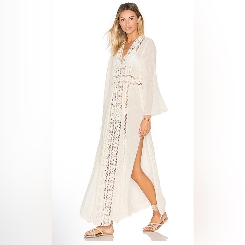 Jen’s Pirate Booty Women’s Gauzy Crinkle Crochet Knit Cream Maxi Duster Sheer